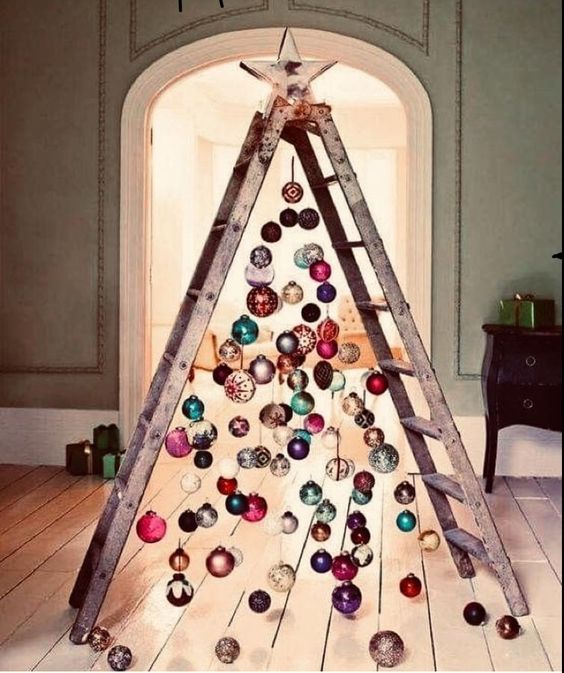 Ladder Christmas Tree with hanging ornaments