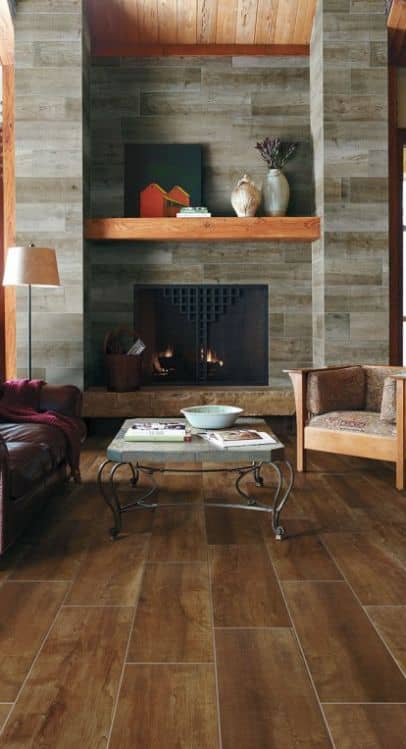 wood look tile fireplace